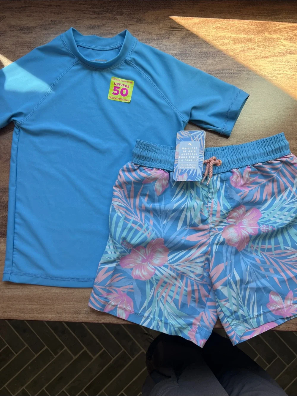 Tommy Bahama Boys Blue Rash Guard with Blue & Pink Tropical Swim Trunks